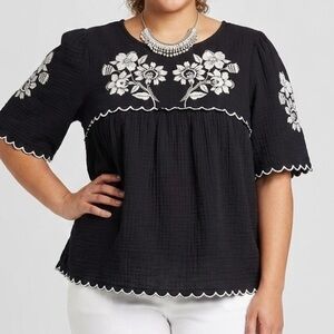 Old Navy Black Ruffle Sleeve Blouse White Embroidery XL